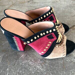 Sigerson Morrison Philip Suede Heel Mules in Red, Black, Tan